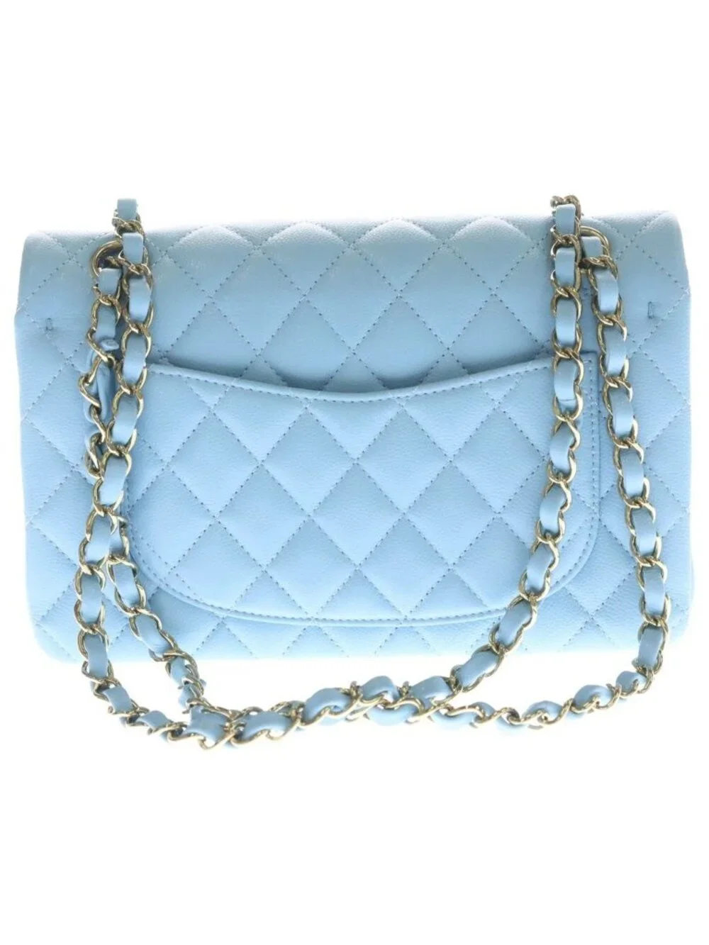 Chanel Quilted 23 Double Flap Chain Shoulder Bag Light Blue Caviar Leather Gold
